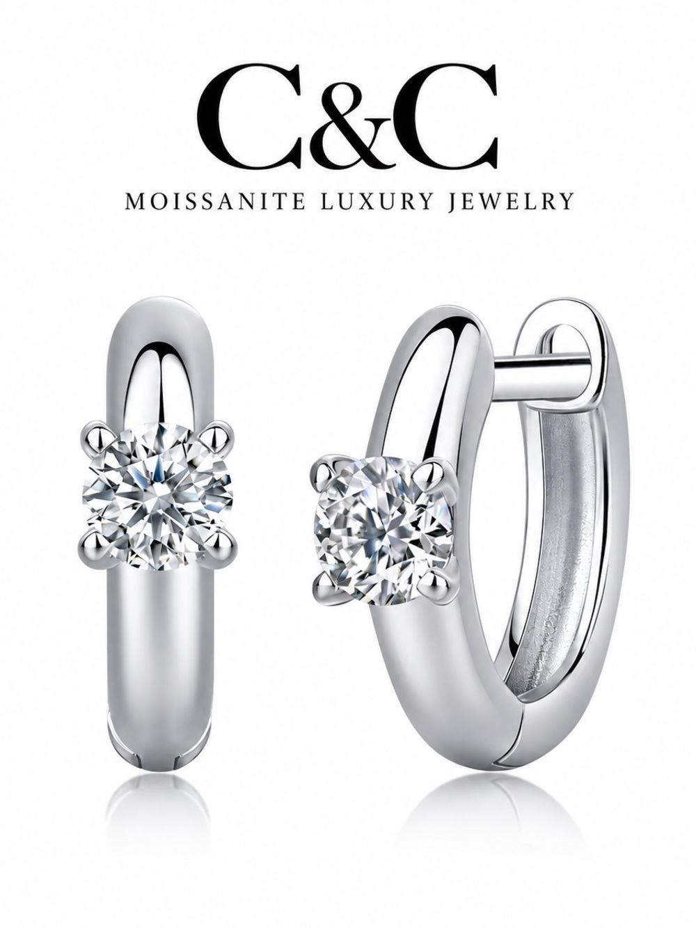 C.C Silver Huggie Hoop Earrings with Clear Moissanite Stones
